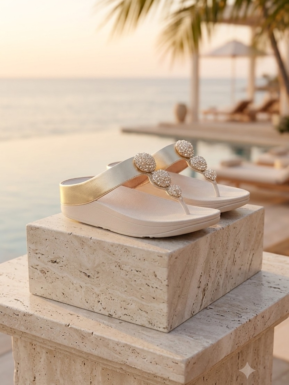 Fitflop Gold Crystal-Waist Wedge Thong Sandals